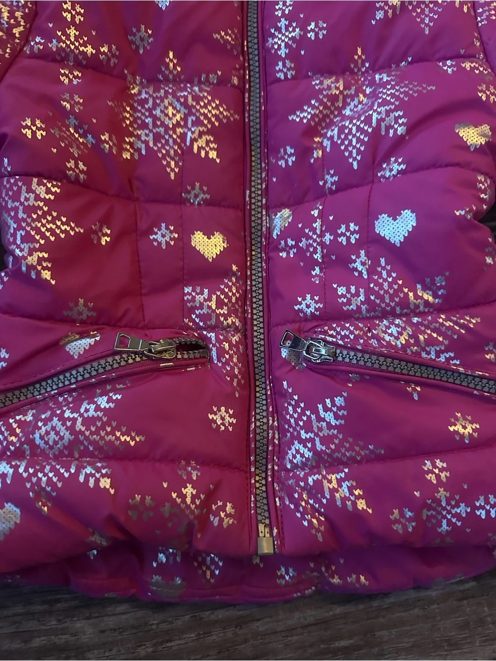 Arctic Quest Pink Snowflake-Print Puffer Jacket with Faux Fur Hood